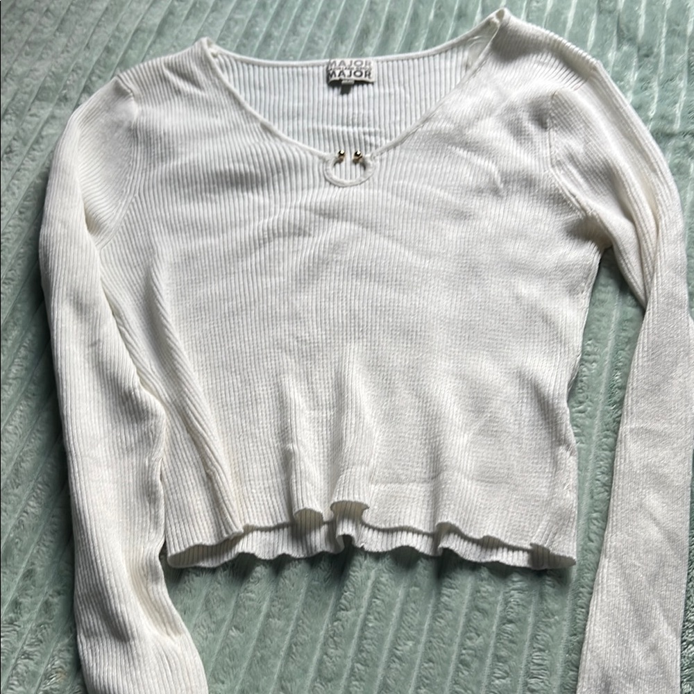 Elegant White Long Sleeve Ribbed Top